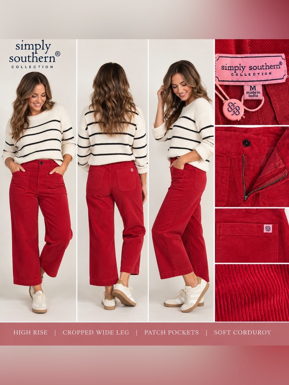 Simply Southern Red Corduroy Cropped Wide Leg Pants Medium NWT